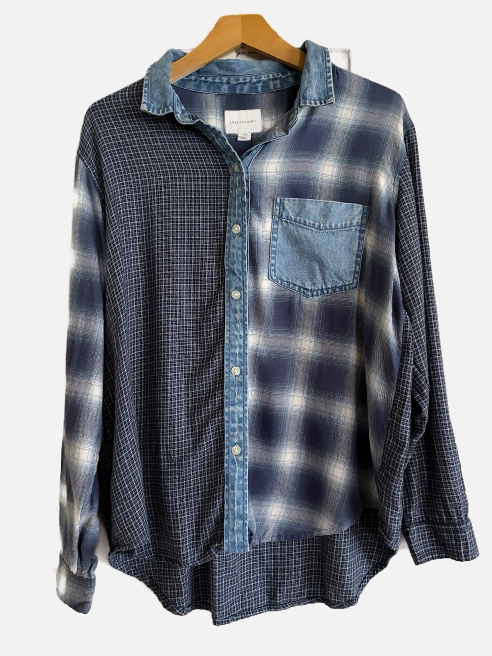 American Eagle Outfitters Blue Patchwork Plaid Button-Down Shirt Women's Small